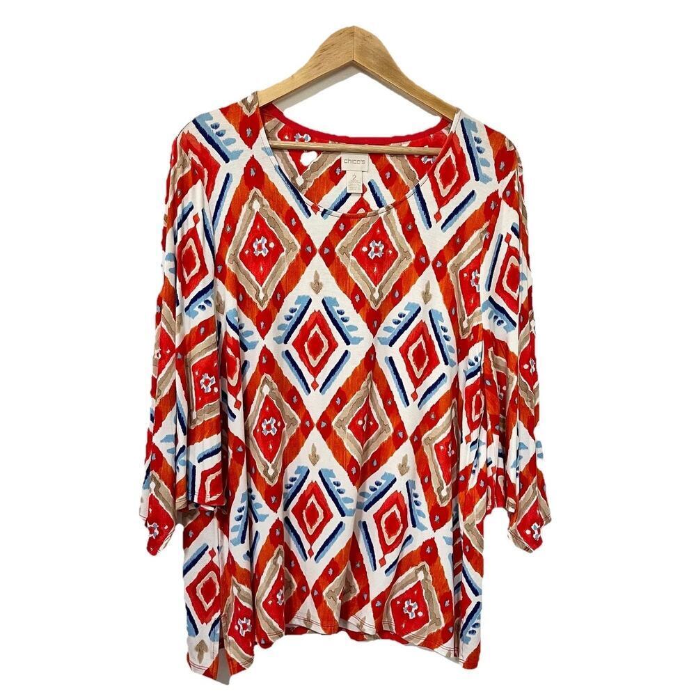 Chico’s Jersey Split Sleeve Ikat Jersey Tunic Top Size L Red Geometric Stretchy